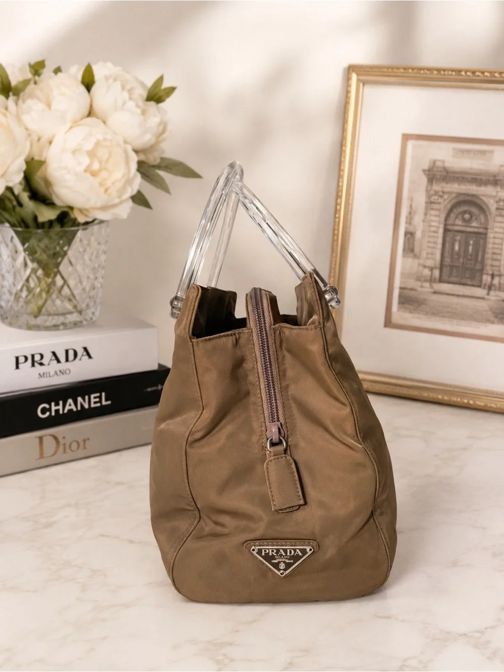 Vintage Prada Tessuto Nylon Taupe Tote With Lucite Handles
